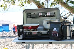 Camping kitchen set up with Coleman stove