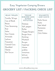 3 Easy Vegetarian Camping Dinner Meals with Grocery and Packing List